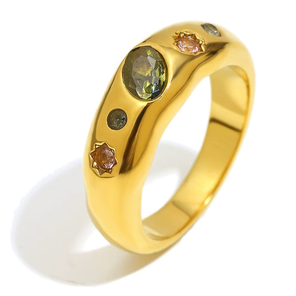 Wholesale Light Luxury Geometric Stainless Steel 18K Gold Plated Zircon Color Diamond Ring For Women