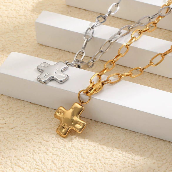 Wholesale Light Luxury Geometric Stainless Steel 18K Goldplated Cross Necklace For Women