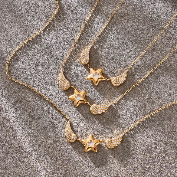 Wholesale Light Luxury Geometric Stainless Steel 18K Goldplated Fivepointed Star Wing Clavicle Chain Necklace For Women
