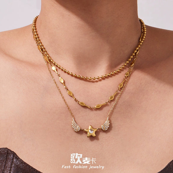Wholesale Light Luxury Geometric Stainless Steel 18K Goldplated Fivepointed Star Wing Clavicle Chain Necklace For Women