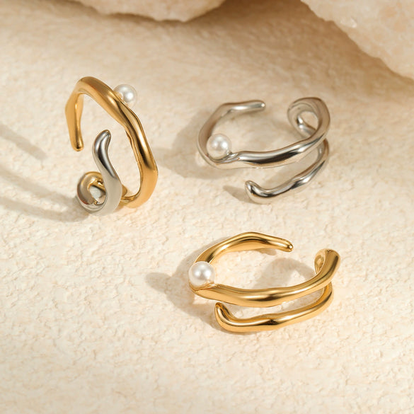 Wholesale Light Luxury Geometric Stainless Steel Ring With Imitation Pearl And Electroplating