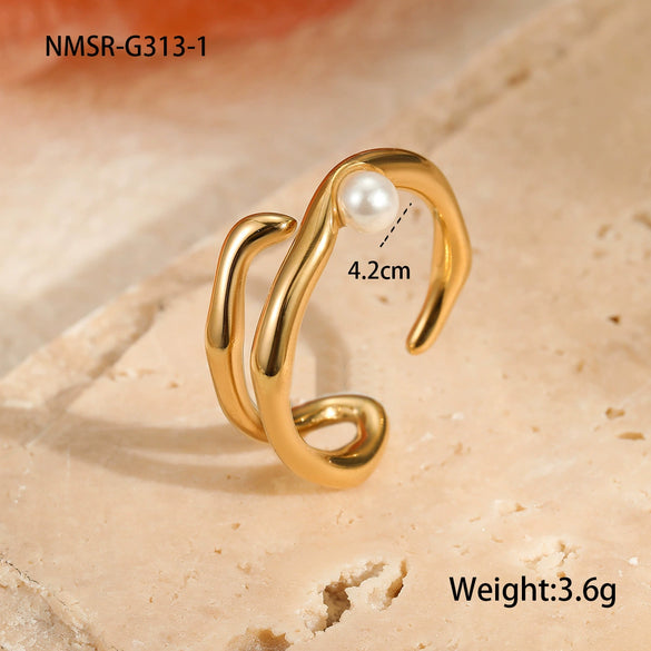 Wholesale Light Luxury Geometric Stainless Steel Ring With Imitation Pearl And Electroplating