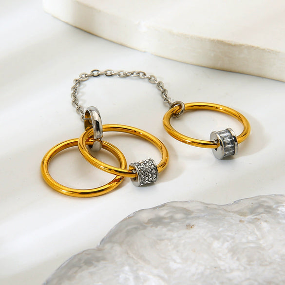 Wholesale Light Luxury Geometric Stainless Steel Ring With Zircon Inlay And Vacuum Real Gold Plating For Women