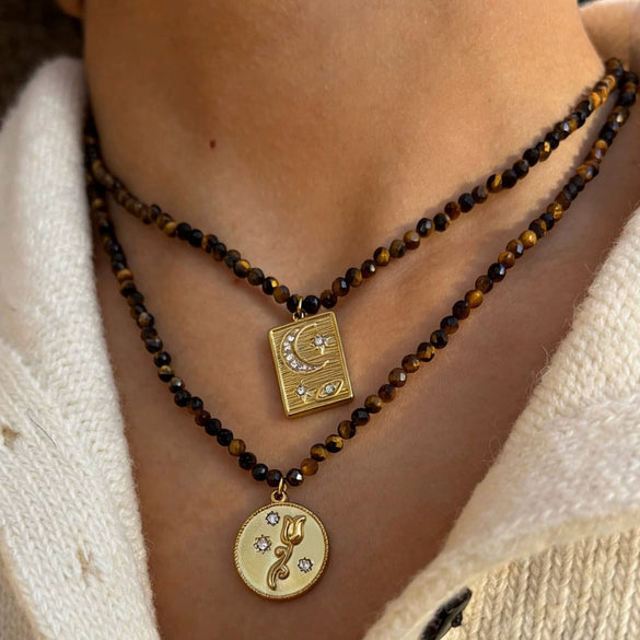 Wholesale Light Luxury Geometric Stainless Steel Tarot Card Necklace With Rhinestones And Tiger Eye Stone Beads For Women Polished Plating Handmade Beaded Chain