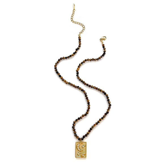 Wholesale Light Luxury Geometric Stainless Steel Tarot Card Necklace With Rhinestones And Tiger Eye Stone Beads For Women Polished Plating Handmade Beaded Chain