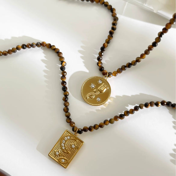 Wholesale Light Luxury Geometric Stainless Steel Tarot Card Necklace With Rhinestones And Tiger Eye Stone Beads For Women Polished Plating Handmade Beaded Chain