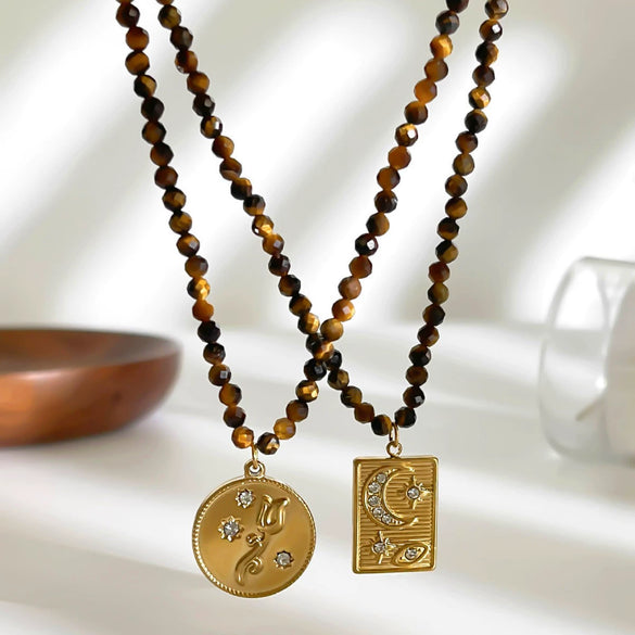 Wholesale Light Luxury Geometric Stainless Steel Tarot Card Necklace With Rhinestones And Tiger Eye Stone Beads For Women Polished Plating Handmade Beaded Chain