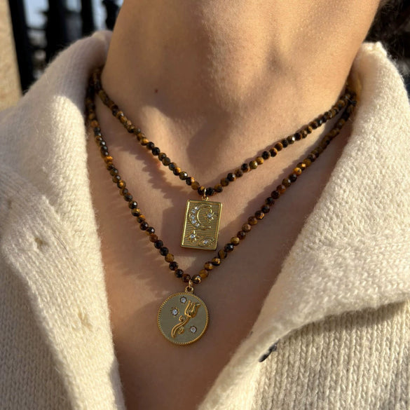 Wholesale Light Luxury Geometric Stainless Steel Tarot Card Necklace With Rhinestones And Tiger Eye Stone Beads For Women Polished Plating Handmade Beaded Chain