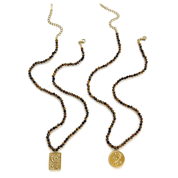 Wholesale Light Luxury Geometric Stainless Steel Tarot Card Necklace With Rhinestones And Tiger Eye Stone Beads For Women Polished Plating Handmade Beaded Chain