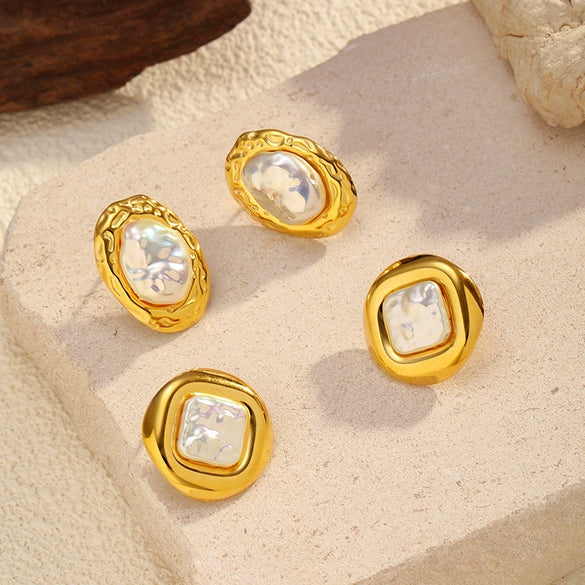 Wholesale Light Luxury Geometric Stainless Steel Titanium Steel Pearl Ear Studs For Women With Pvd Furnace Vacuum Real Gold Plating