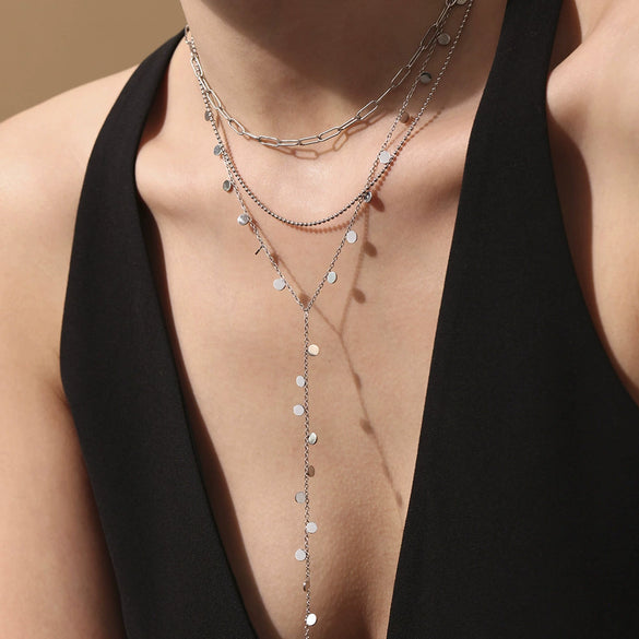 Wholesale Light Luxury Geometric Tassel Disc Y Shaped Clavicle Necklace Titanium Steel Electroplated