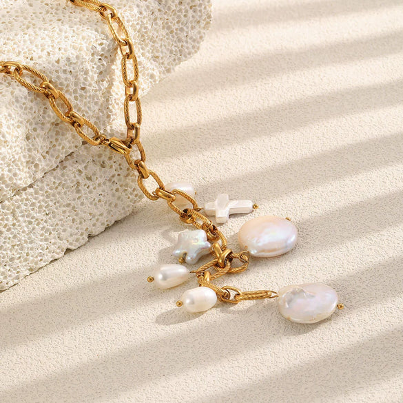 Wholesale Light Luxury Geometric Tassel Pearl Stainless Steel Necklace With Pvd Furnace Vacuum Real Gold Plating For Women