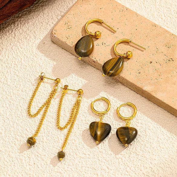 Wholesale Light Luxury Geometric Tiger Eye Stone Stainless Steel Vacuum Real Gold Plated Earrings For Women