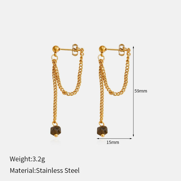 Wholesale Light Luxury Geometric Tiger Eye Stone Stainless Steel Vacuum Real Gold Plated Earrings For Women