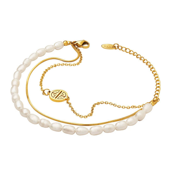 Wholesale Light Luxury Geometric 316L Stainless Steel And Freshwater Pearl Electroplating Bracelet For Women
