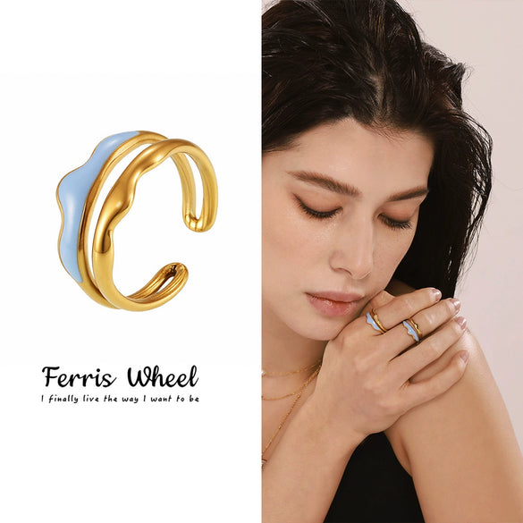 Wholesale Light Luxury Geometric Wave Stainless Steel Electroplated Real Gold Plated Nonfading Doublelayer Opening Ring For Women