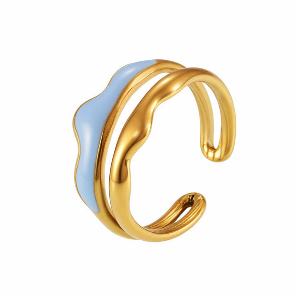 Wholesale Light Luxury Geometric Wave Stainless Steel Electroplated Real Gold Plated Nonfading Doublelayer Opening Ring For Women