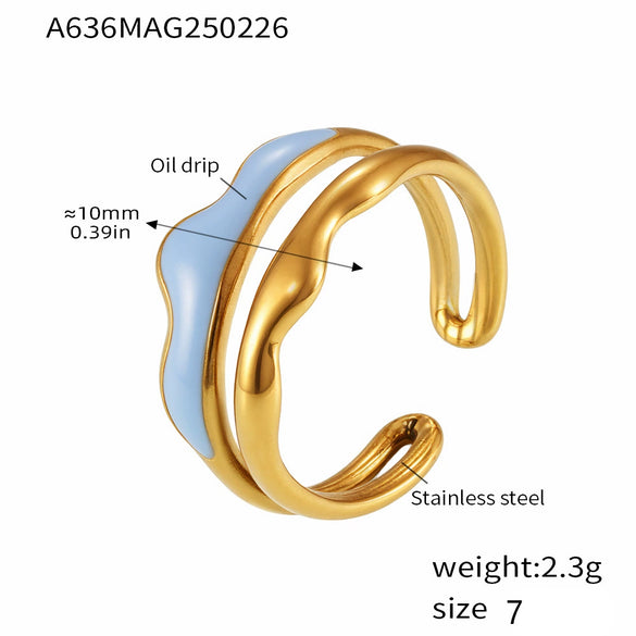 Wholesale Light Luxury Geometric Wave Stainless Steel Electroplated Real Gold Plated Nonfading Doublelayer Opening Ring For Women