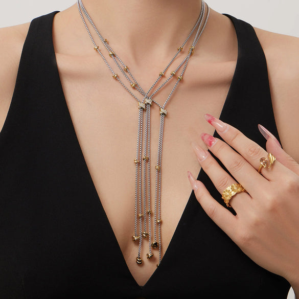 Wholesale Light Luxury Geometric Zircon Inlaid Stainless Steel Pullout Necklace For Women
