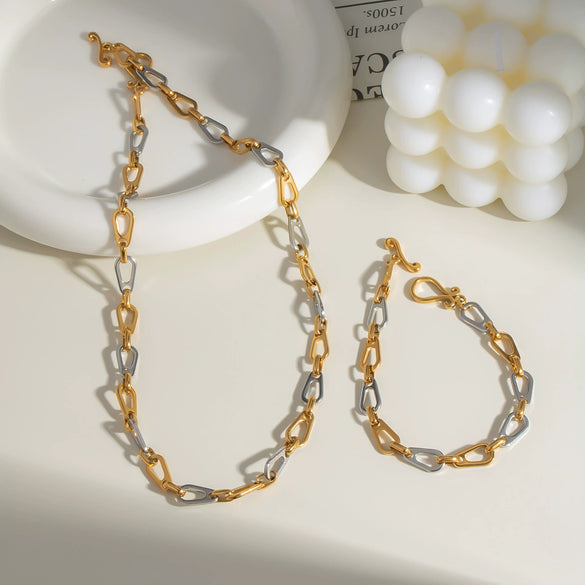 Wholesale Light Luxury Gold And Silver Color Matching Necklace Bracelet Suit In Geometric Style Made Of Stainless Steel With Pvd Furnace Vacuum Real Gold Plating