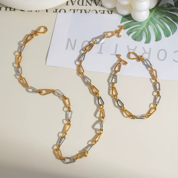 Wholesale Light Luxury Gold And Silver Color Matching Necklace Bracelet Suit In Geometric Style Made Of Stainless Steel With Pvd Furnace Vacuum Real Gold Plating
