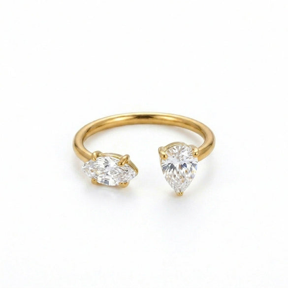 Wholesale Light Luxury Green Zircon Open Ring Water Drop Design Titanium Steel Electroplated Minimalist Style