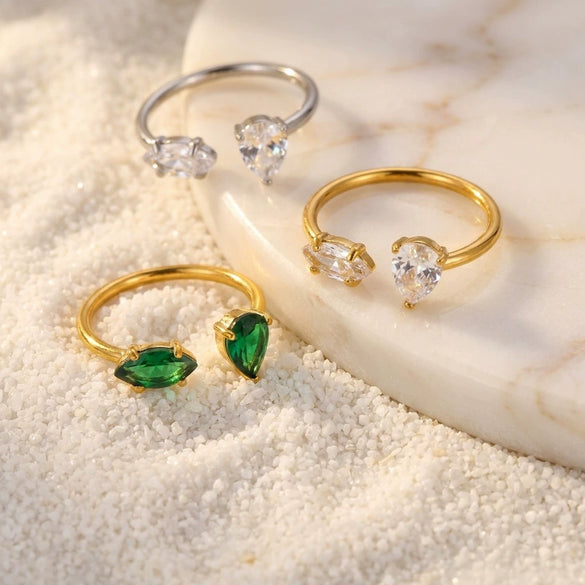 Wholesale Light Luxury Green Zircon Open Ring Water Drop Design Titanium Steel Electroplated Minimalist Style