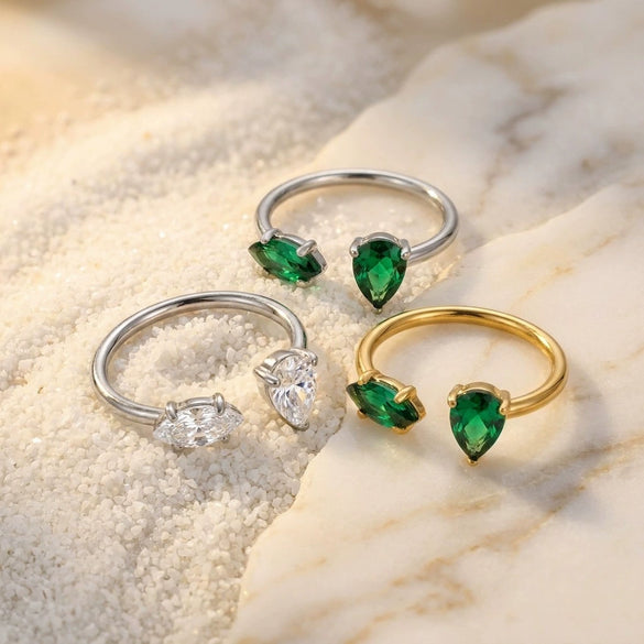 Wholesale Light Luxury Green Zircon Open Ring Water Drop Design Titanium Steel Electroplated Minimalist Style