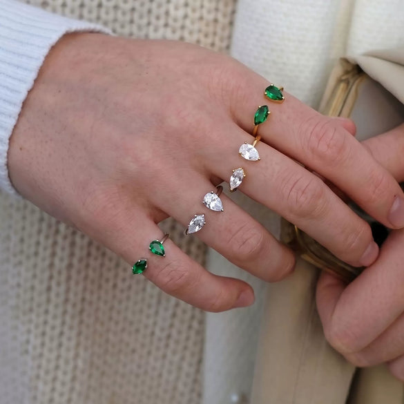 Wholesale Light Luxury Green Zircon Open Ring Water Drop Design Titanium Steel Electroplated Minimalist Style