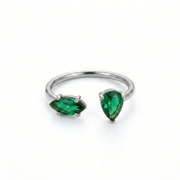 Wholesale Light Luxury Green Zircon Open Ring Water Drop Design Titanium Steel Electroplated Minimalist Style