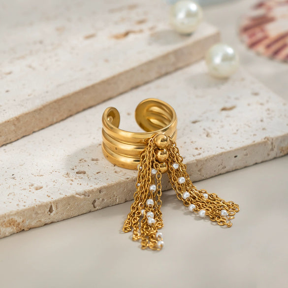 Wholesale Light Luxury High End Punk Minimalist Geometric Titanium Steel Ring With Waterproof Tassel And Pvd Vacuum Real Gold Electroplating