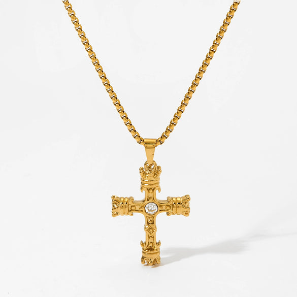 Wholesale Light Luxury High Three Dimensional Cross Pendant Necklace With Double Sided Effect Stainless Steel Pearl Chain Hip Hop Style Electroplating