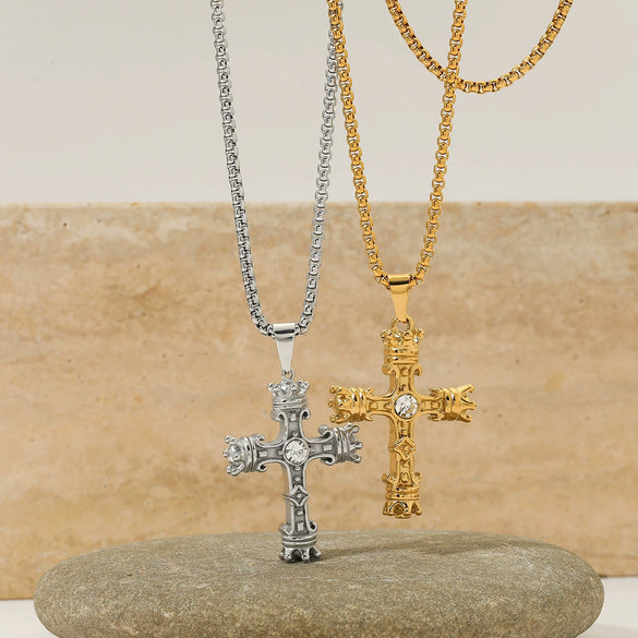 Wholesale Light Luxury High Three Dimensional Cross Pendant Necklace With Double Sided Effect Stainless Steel Pearl Chain Hip Hop Style Electroplating