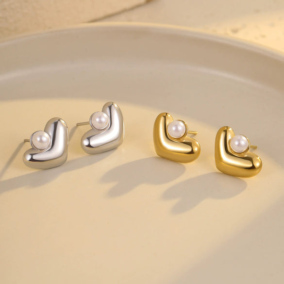 Wholesale Light Luxury Highgrade Stainless Steel Geometric Peach Heart Pearl Electroplated Women's Earrings