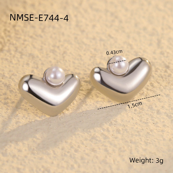 Wholesale Light Luxury Highgrade Stainless Steel Geometric Peach Heart Pearl Electroplated Women's Earrings