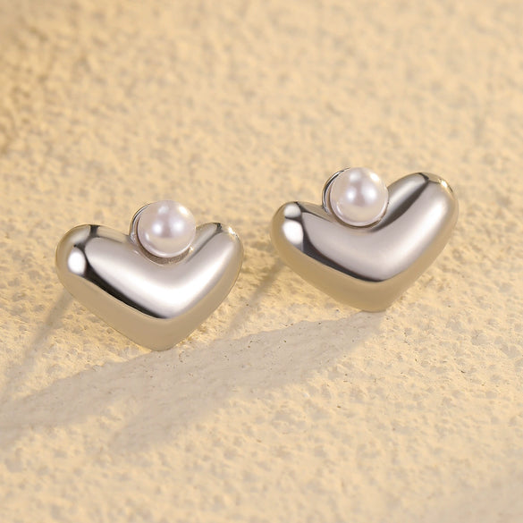 Wholesale Light Luxury Highgrade Stainless Steel Geometric Peach Heart Pearl Electroplated Women's Earrings