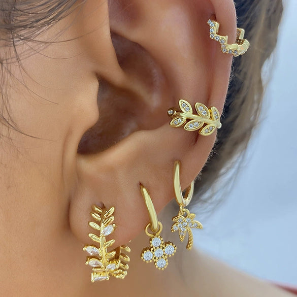 Wholesale Light Luxury Hollow Microinlaid Zircon Leaf Earrings Copper Niche Geometric