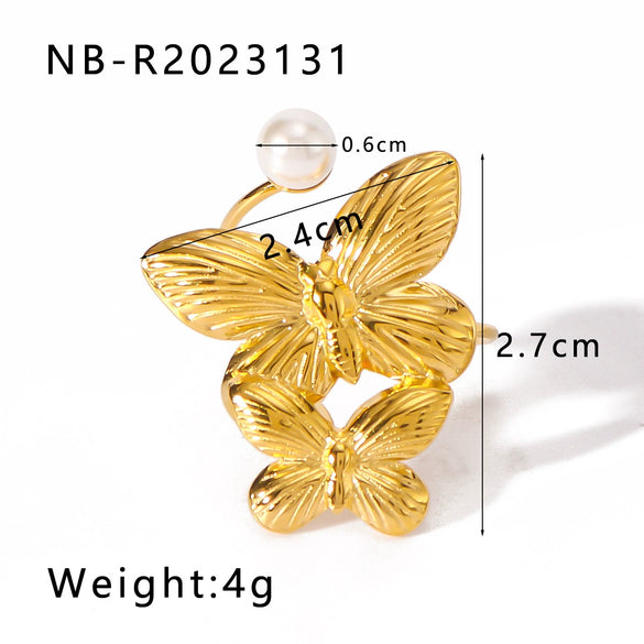 Wholesale Light Luxury Inlaid Pearl Butterfly Ring For Ladies Stainless Steel Ins Style 18K Furnace Vacuum Plated With Bow And Insect Patterns