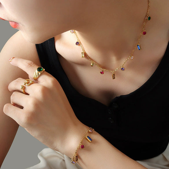 Wholesale Light Luxury Ins Style Multicolor Zircon Jewelry Set Tassel Necklace And Niche Design Electroplated Titanium Steel Bracelet For Women