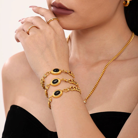 Wholesale Light Luxury Jewelry Set With Horseshoe Buckle And Diamond Stainless Steel And Black Onyx 18K Gold Plated