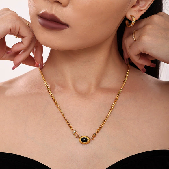 Wholesale Light Luxury Jewelry Set With Horseshoe Buckle And Diamond Stainless Steel And Black Onyx 18K Gold Plated