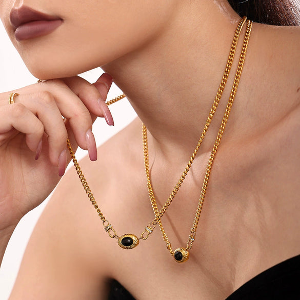 Wholesale Light Luxury Jewelry Set With Horseshoe Buckle And Diamond Stainless Steel And Black Onyx 18K Gold Plated