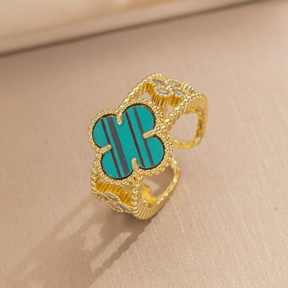 Wholesale Light Luxury Joker Lucky Four Leaf Clover Hand Jewelry Copper Micro Inlaid Zircon Electroplated Bracelet Ring