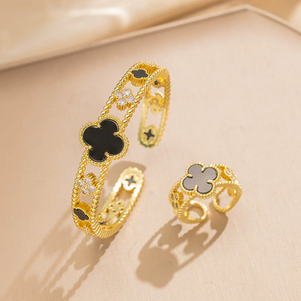 Wholesale Light Luxury Joker Lucky Four Leaf Clover Hand Jewelry Copper Micro Inlaid Zircon Electroplated Bracelet Ring