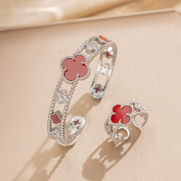 Wholesale Light Luxury Joker Lucky Four Leaf Clover Hand Jewelry Copper Micro Inlaid Zircon Electroplated Bracelet Ring