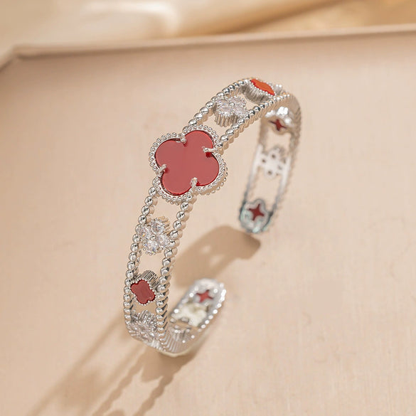 Wholesale Light Luxury Joker Lucky Four Leaf Clover Hand Jewelry Copper Micro Inlaid Zircon Electroplated Bracelet Ring