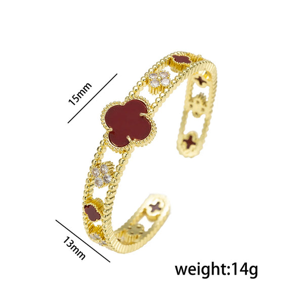Wholesale Light Luxury Joker Lucky Four Leaf Clover Hand Jewelry Copper Micro Inlaid Zircon Electroplated Bracelet Ring