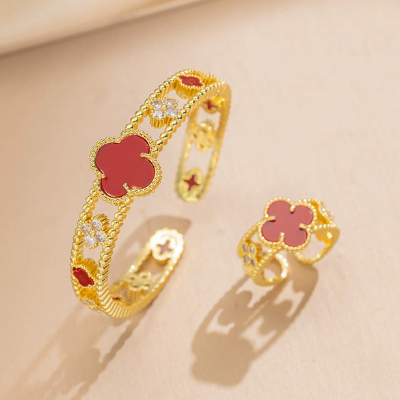 Wholesale Light Luxury Joker Lucky Four Leaf Clover Hand Jewelry Copper Micro Inlaid Zircon Electroplated Bracelet Ring