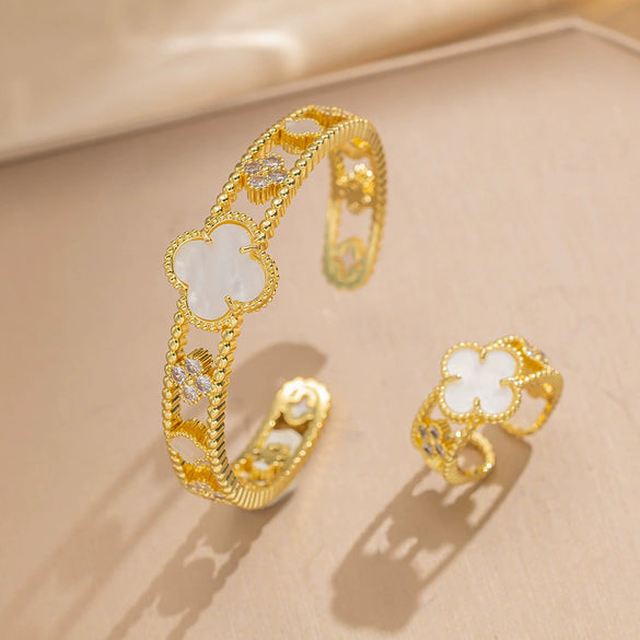 Wholesale Light Luxury Joker Lucky Four Leaf Clover Hand Jewelry Copper Micro Inlaid Zircon Electroplated Bracelet Ring