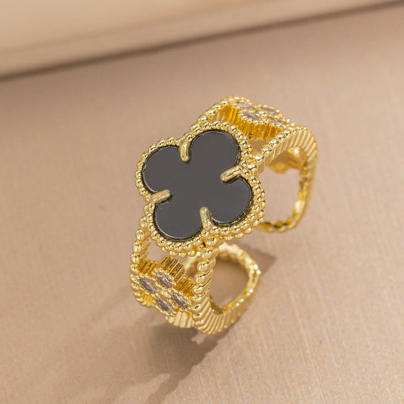Wholesale Light Luxury Joker Lucky Four Leaf Clover Hand Jewelry Copper Micro Inlaid Zircon Electroplated Bracelet Ring